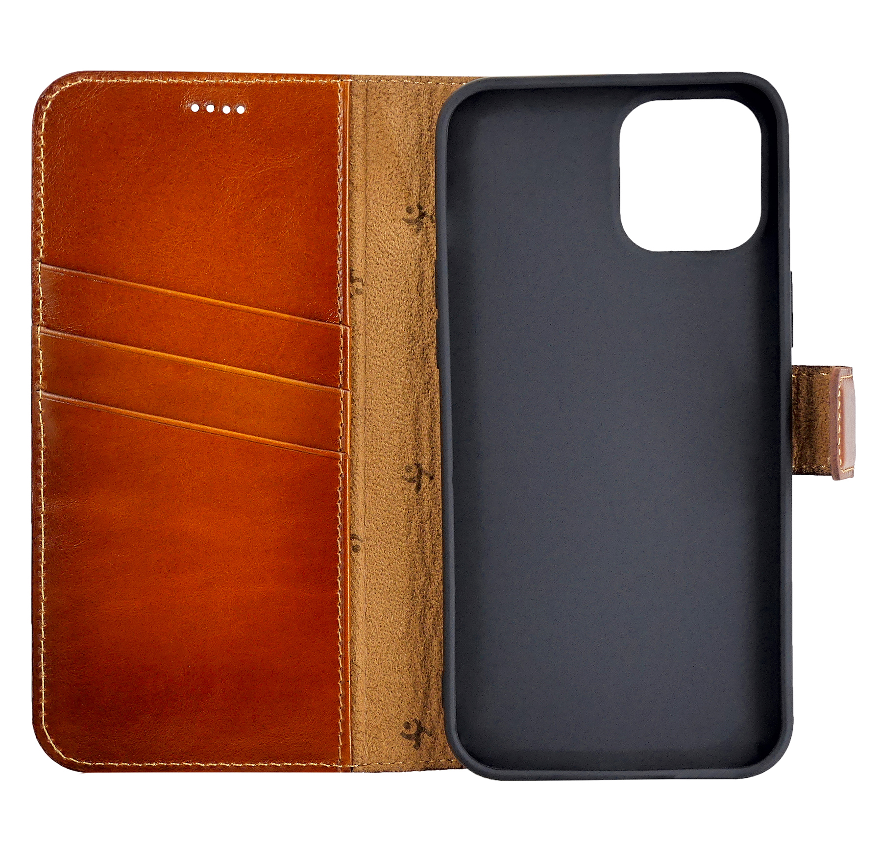 Suncase IPhone 15 Pro Hülle Aus Echtem Leder (Burned Cognac) – Ultra-slim Flip-Case Mit Magnetverschluss & Kartenfach