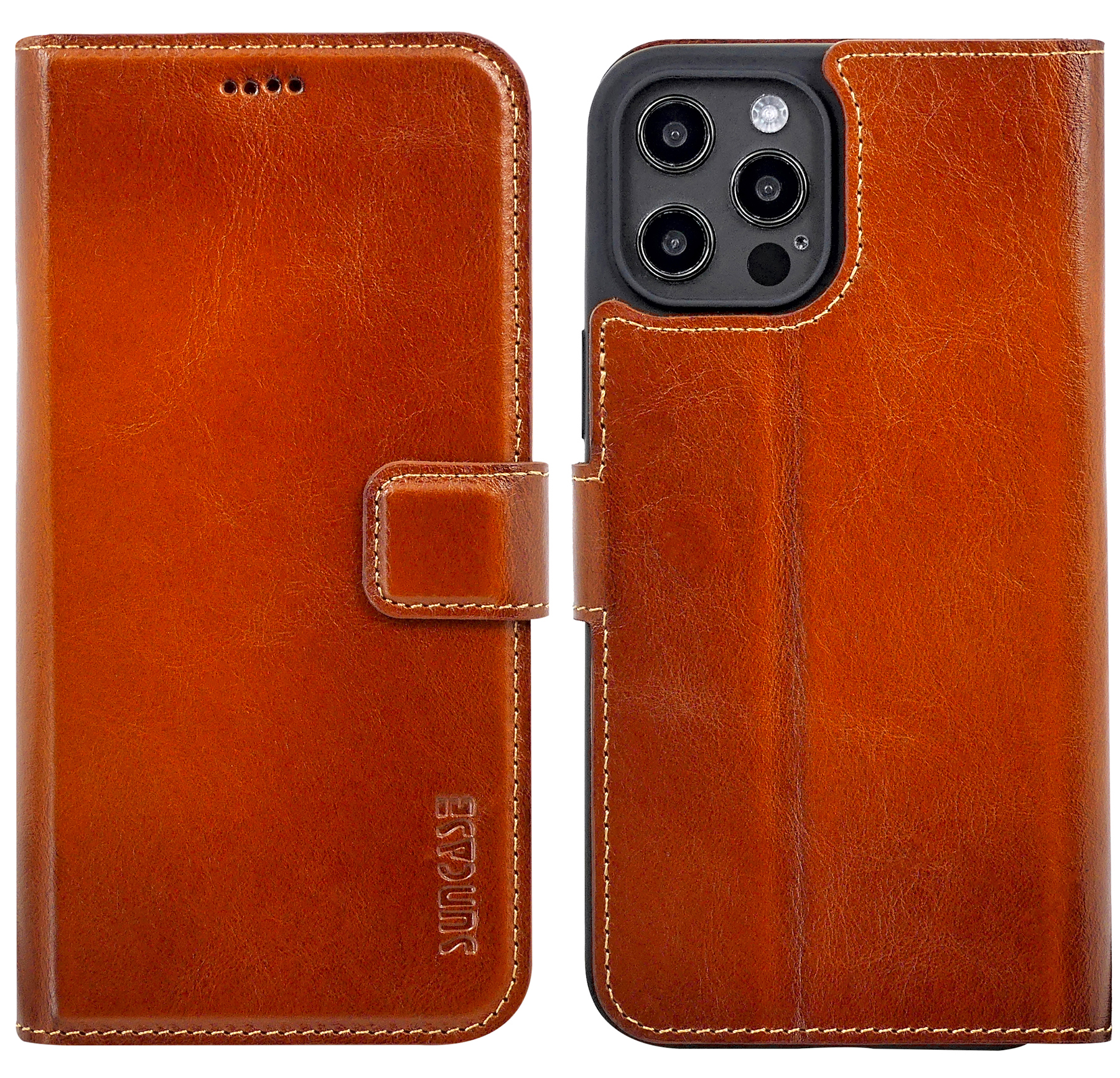 Custodia In Pelle Suncase Per IPhone 12 (6,1”) – Realizzata A Mano, Con Porta Carte, Colore Cognac