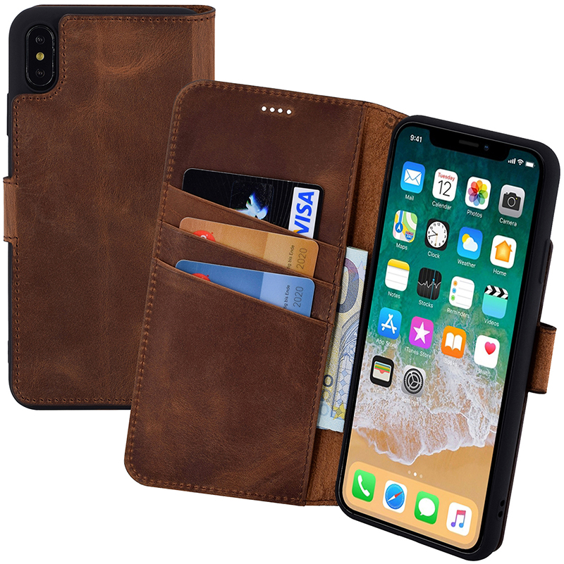 Suncase Custodia A Libro In Vera Pelle Per IPhone 12 (6.1''): Con 3 Scomparti Per Carte E Funzione Leggio, Caffè Anticato
